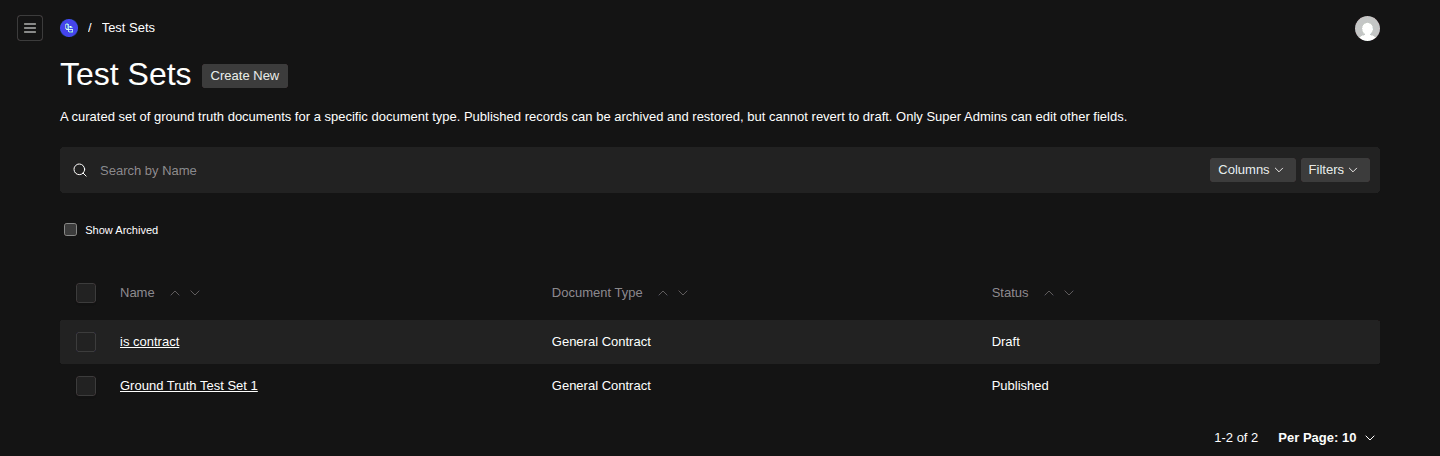 The Test Sets list view showing two test sets — one named is contract in Draft and one named Ground Truth Test Set 1 in Published, both scoped to the General Contract Document Type