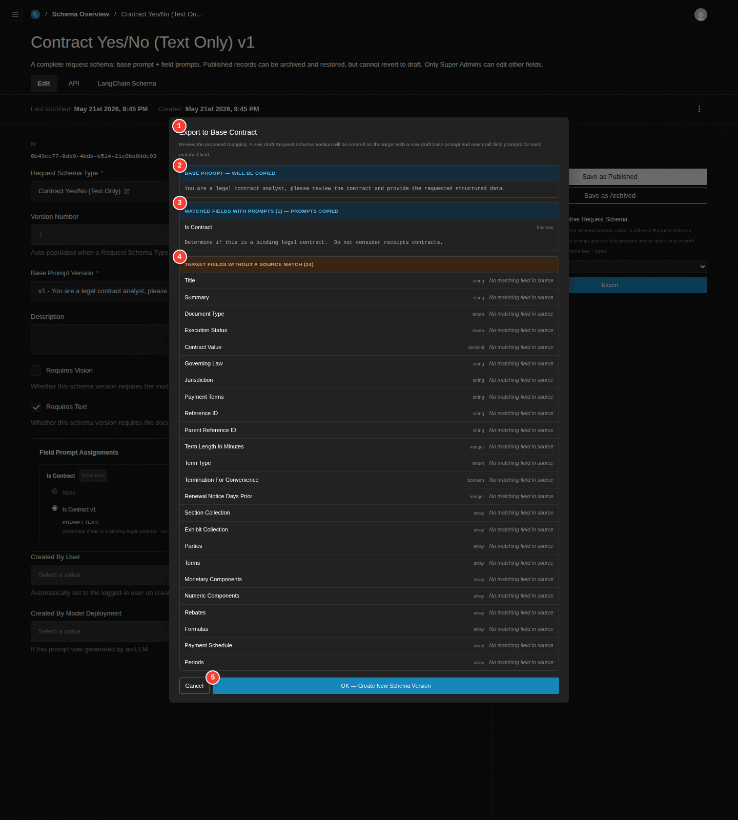 The Export to Base Contract modal. It shows the base prompt text that will be copied, one matched field (Is Contract — boolean) with its source prompt preview, and a long warning block listing 24 target fields that have no source match (Title, Summary, Document Type, Execution Status, Contract Value, Governing Law, Jurisdiction, Payment Terms, and so on).