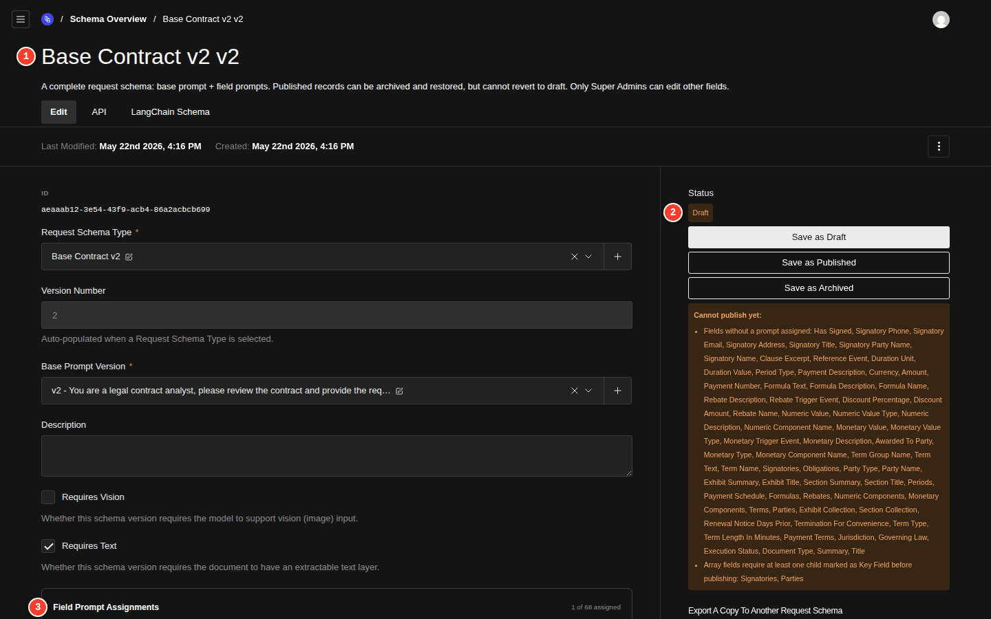 The newly created Base Contract v2 v2 draft RSV. The Status block in the sidebar shows Draft, and the Field Prompt Assignments section reports 1 of 22 assigned — the Is Contract prompt that came from the source — with a Cannot Publish callout listing the other 21 fields still needing prompts before this version can be published.