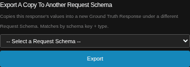 The Export A Copy To Another Request Schema sidebar widget on the Ground Truth Response edit page. It has a one-line description, a dropdown labelled '-- Select a Request Schema --', and a blue Export button below.