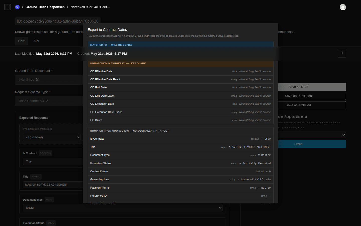 The Export preview modal, titled 'Export to Contract Dates', listing three coloured-header sections: Matched (0) — will be copied, Unmatched in target (7) — left blank (rows for CD Effective Date, CD End Date, CD Execution Date, their *_Exact string twins, and CD Dates array), Dropped from source (20) — no equivalent in target (Is Contract = true, Title = MASTER SERVICES AGREEMENT, Document Type = Master, Execution Status = Partially Executed, Contract Value = 0, Governing Law = State of California, Payment Terms = Net 30, Reference ID, and more).
