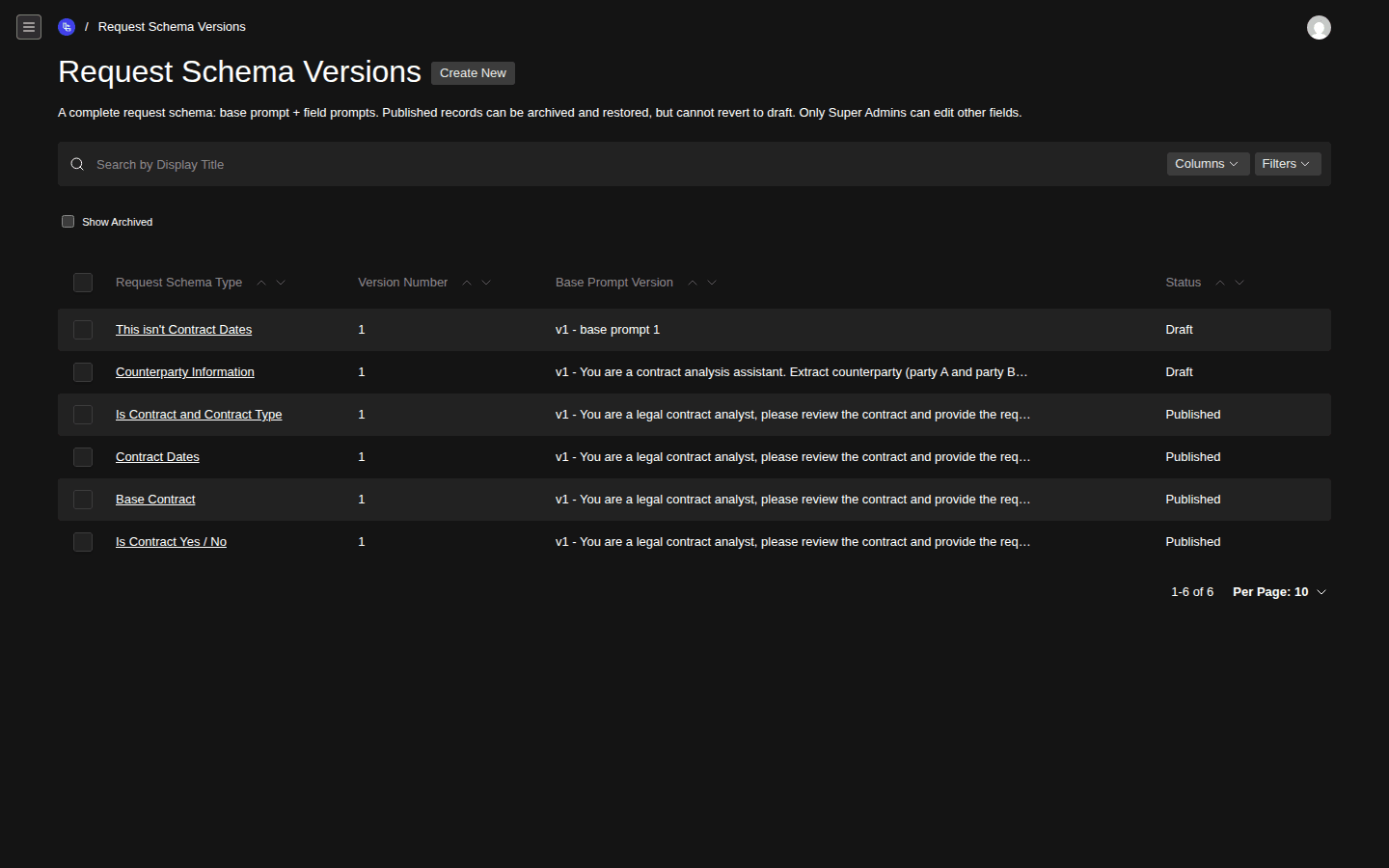 The Request Schema Versions list view showing six versions (mix of Draft and Published) — This isn't Contract Dates, Counterparty Information, Is Contract and Contract Type, Contract Dates, Base Contract, Is Contract Yes / No — each at v1, with the Base Prompt Version column showing the first few words of the prompt text inline (e.g. 'v1 - You are a legal contract analyst, please review the contract and provide the req…').