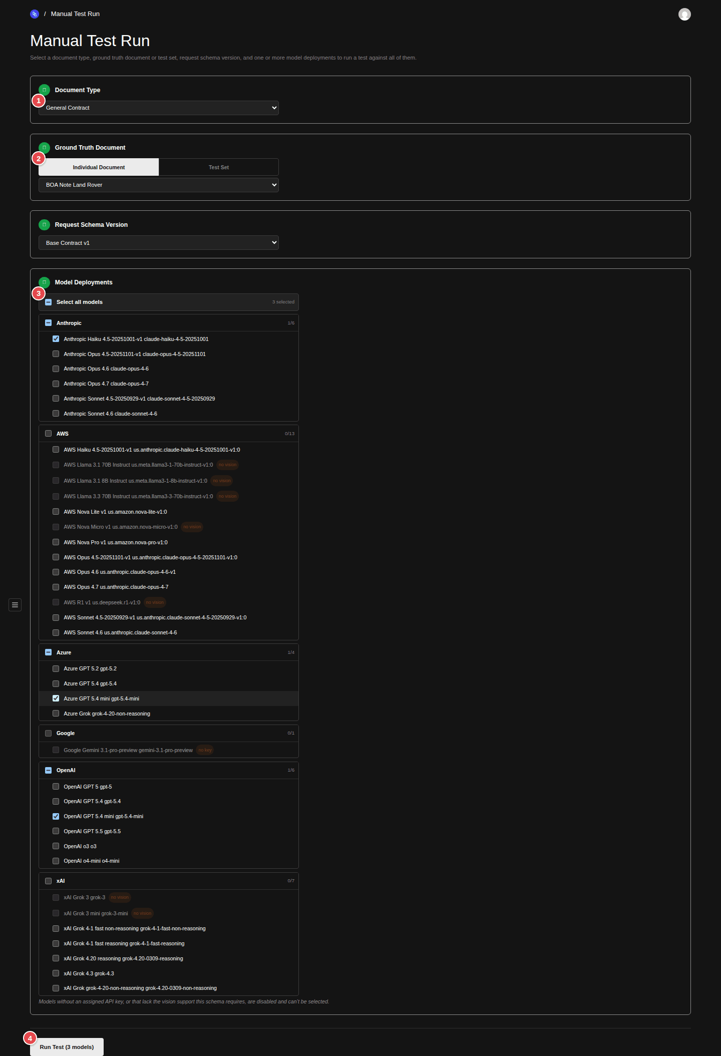 The Manual Test Run form with a Document Type selected. Steps 2 and 3 are filled, and Step 4 shows a provider-grouped model picker with several models checked; the Run Test button at the bottom reads 'Run Test (3 models)'.