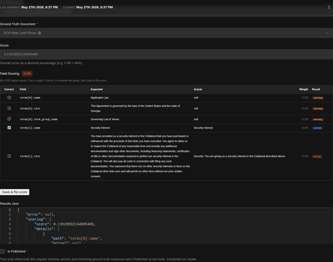 A Test Result Document edit page. Below the Ground Truth Document and Score fields, the Field Scoring editor shows a scoring table with Correct checkboxes and a Save & Re-score button, and below that sits the raw Results Json field.