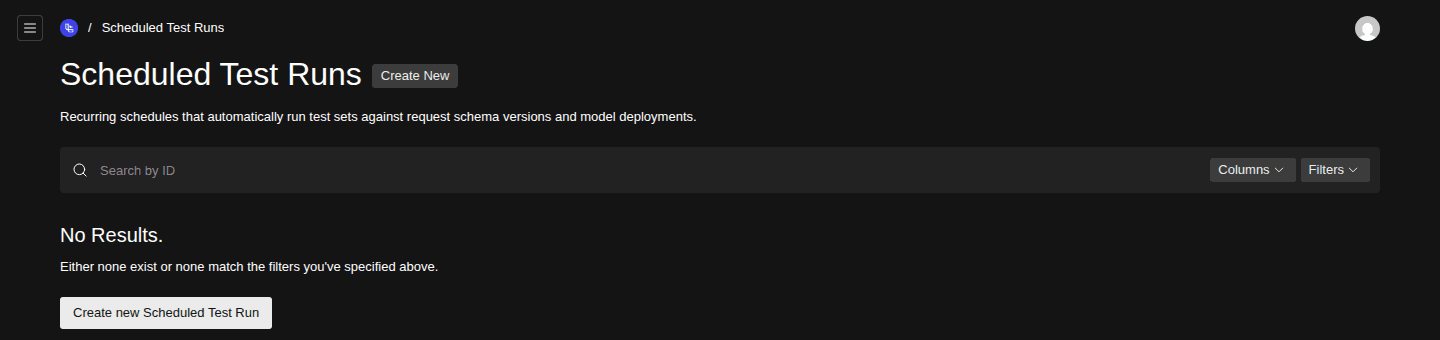 The Scheduled Test Runs list view in its empty state, with a Create New button at the top right and a Create new Scheduled Test Run button below the No Results message