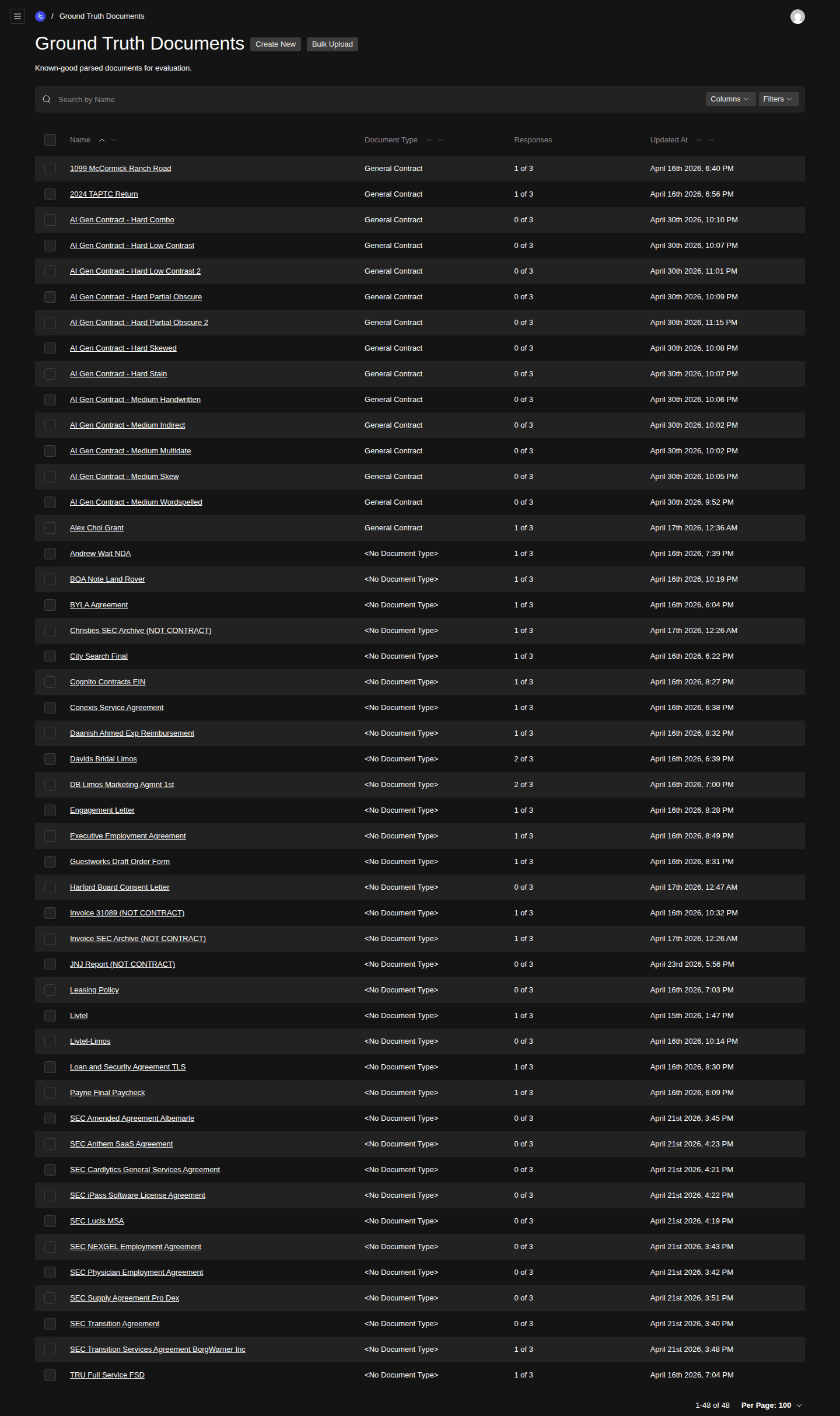 The Ground Truth Documents list view showing dozens of uploaded contract PDFs (e.g. 1099 McCormick Ranch Road, 2024 TAPTC Return, AI Gen Contract variants, Andrew Walt NDA), each with a Document Type label like General Contract, a Responses count, and an Updated At timestamp